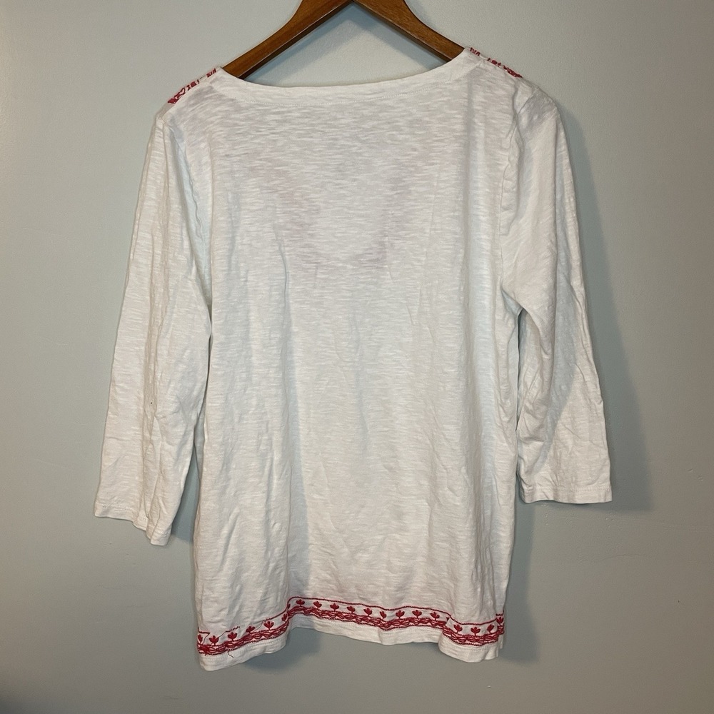 Talbots White Red Embroidered Tunic Top Paisley Boho Cotton 3/4 Sleeve Blouse Lp - Picture 4 of 5